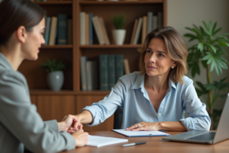 Femme d'âge moyen rassurante avec collègue au bureau