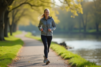 Femme d'âge moyen en tenue de sport marche dans la nature au printemps