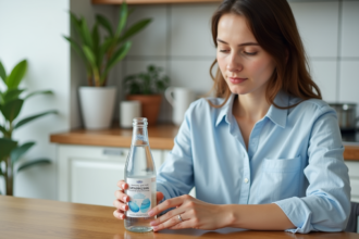 Jeune femme buvant de l'eau pétillante dans la cuisine