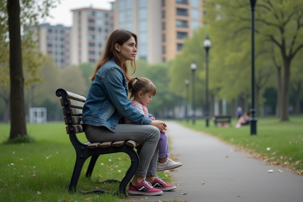 Femme et fille assises dans un parc urbain