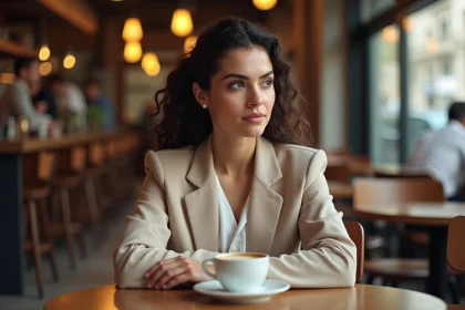 Jeune femme d'origine méditerranéenne au café parisien, symbolisant la diversité culturelle et l'identité complexe