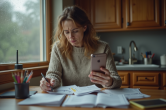 Femme inquiète regardant ses factures à la maison