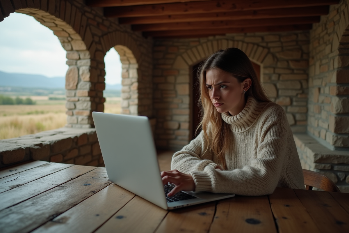 Jeune femme à la maison avec son ordinateur et expression exaspérée