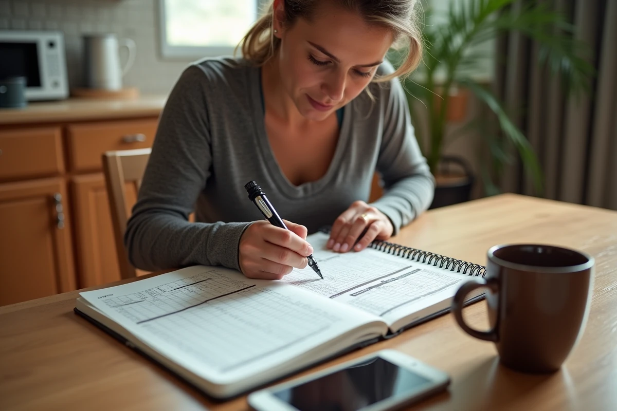 Femme annotant un journal d'entraînement marathon avec des tableaux de conversion miles-kilomètres à la maison