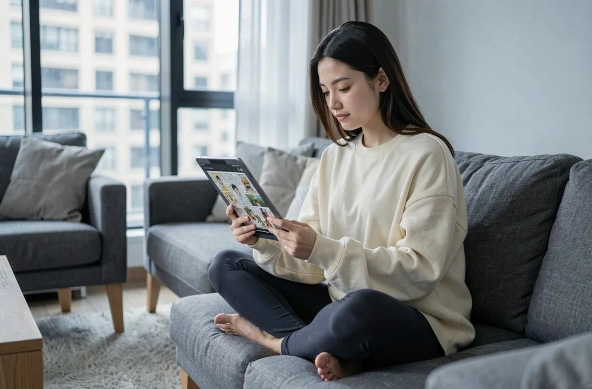 Jeune femme lisant le chapitre 1133 de One Piece en VF sur une tablette confortablement installée dans son salon