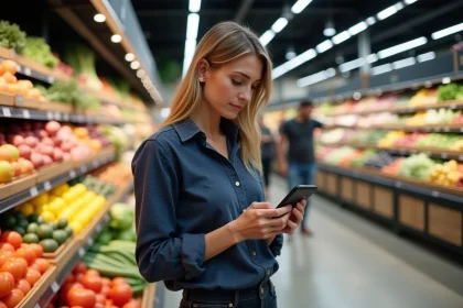 Femme consultant sa liste de courses sur smartphone dans le rayon fruits et légumes d'un hypermarché E Leclerc