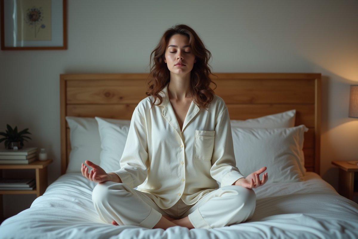 Jeune femme méditant dans sa chambre calme et chaleureuse
