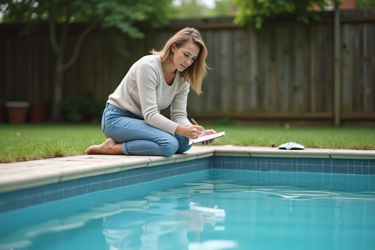 Femme mesurant la piscine dans un jardin paisible