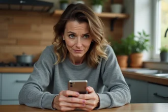 Femme inquiète regardant un numéro inconnu sur son smartphone dans une cuisine