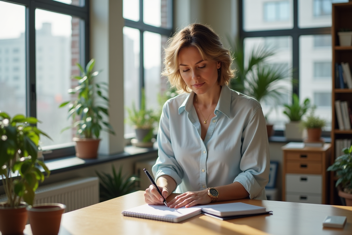 Femme concentrée écrivant ses objectifs dans un bureau lumineux