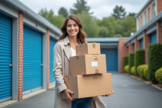 Femme souriante avec boîtes de rangement devant un centre de self stockage