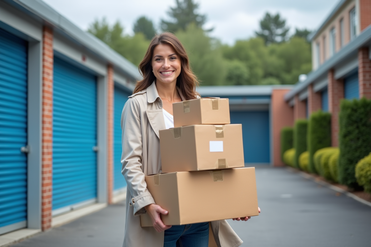 Femme souriante avec boîtes de rangement devant un centre de self stockage