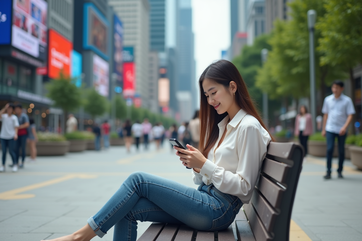 Jeune femme asiatique utilisant son smartphone dans une place urbaine