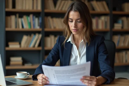 Femme professionnelle en bureau avec documents et livres