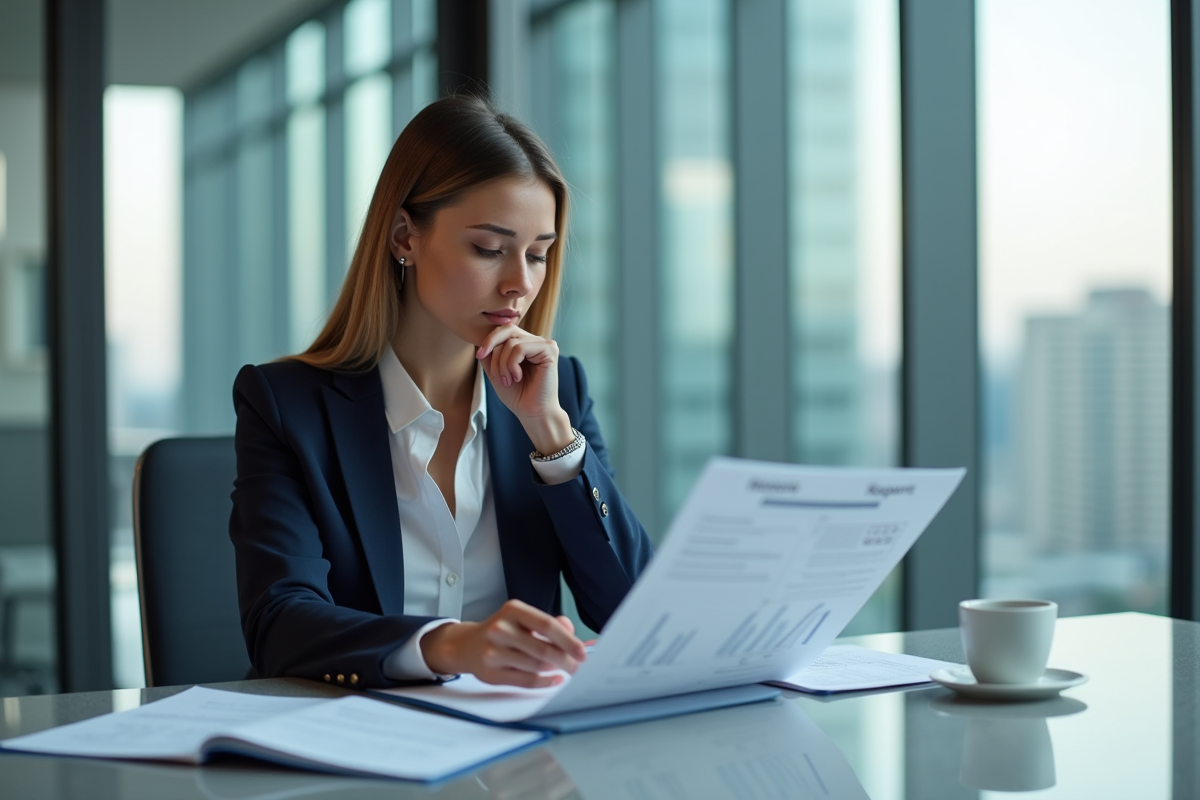 Femme d affaires en réunion avec rapport ESG