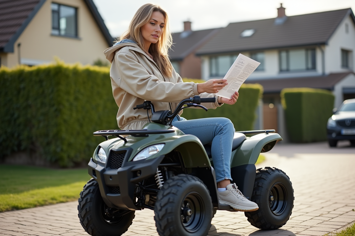 Femme lisant manuel sur quad 50cc en ville