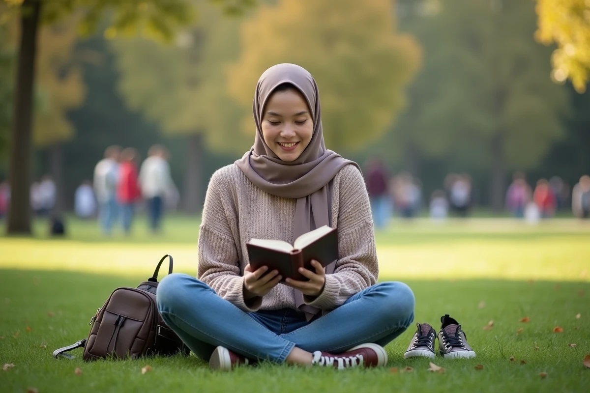 Jeune femme musulmane lisant le Quran dans un parc
