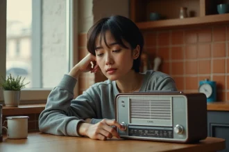 Femme réglant la fréquence d'une radio FM classique dans une cuisine moderne, illustrant l'écoute de Skyrock en FM