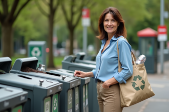 Femme avec sac recyclé près d'un point de tri urbain