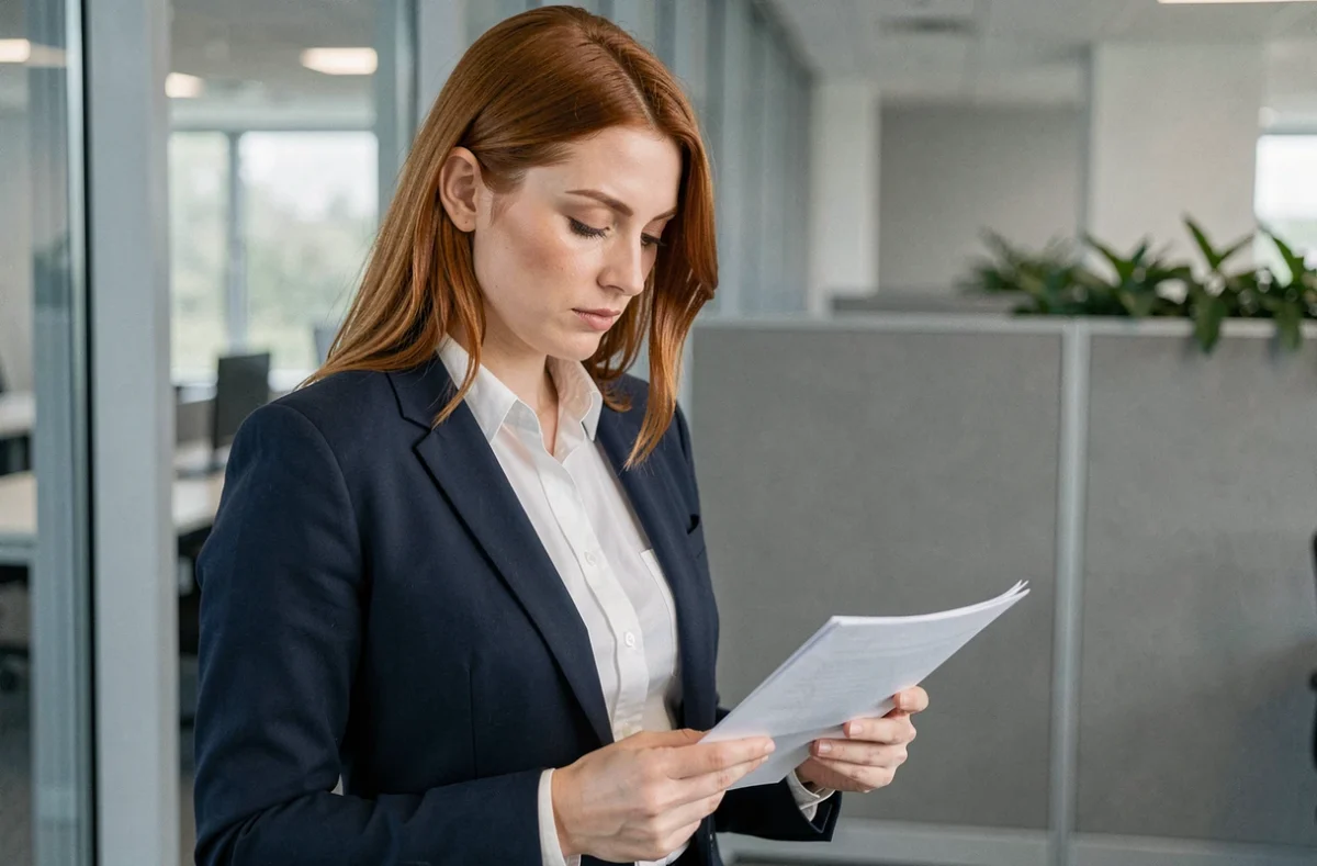 Femme professionnelle les yeux baissés sur un document au bureau, regard vers le bas traduisant concentration et réflexion psychologique