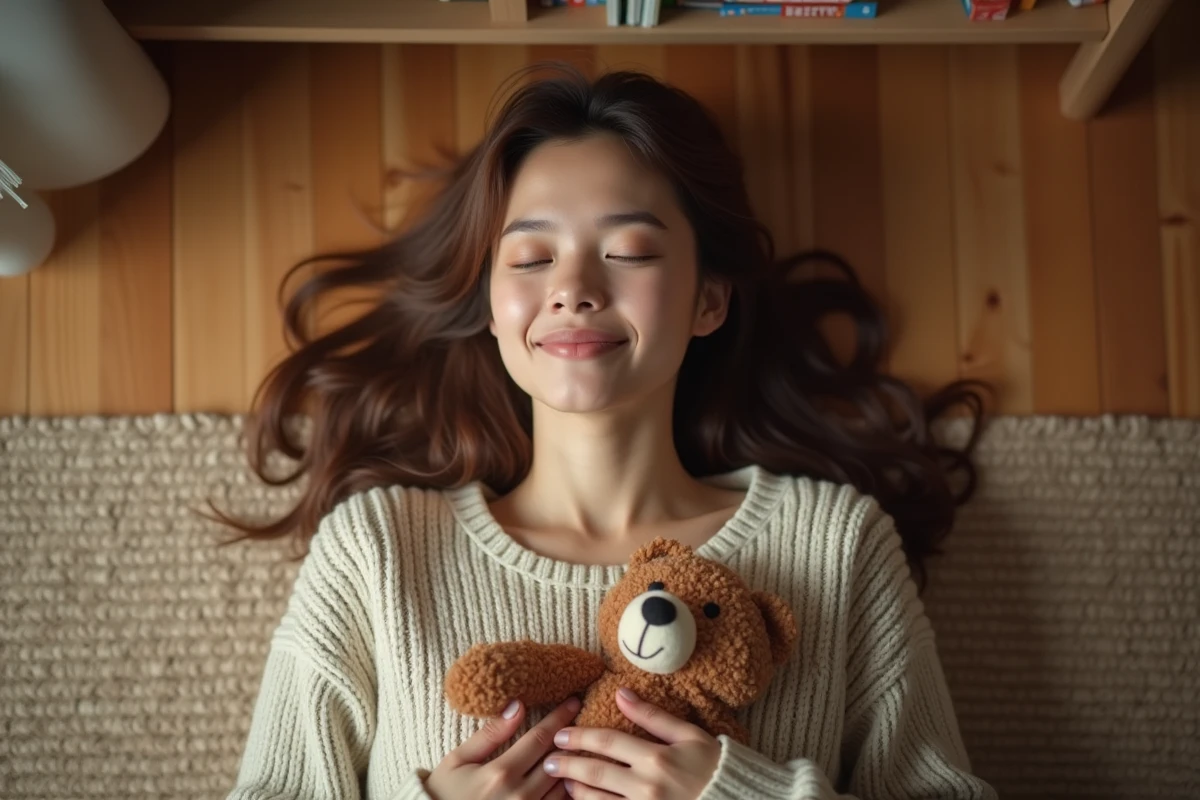 Jeune femme souriante allongée sur le sol tenant un ourson en peluche, illustrant l'interprétation des rêves d'ours