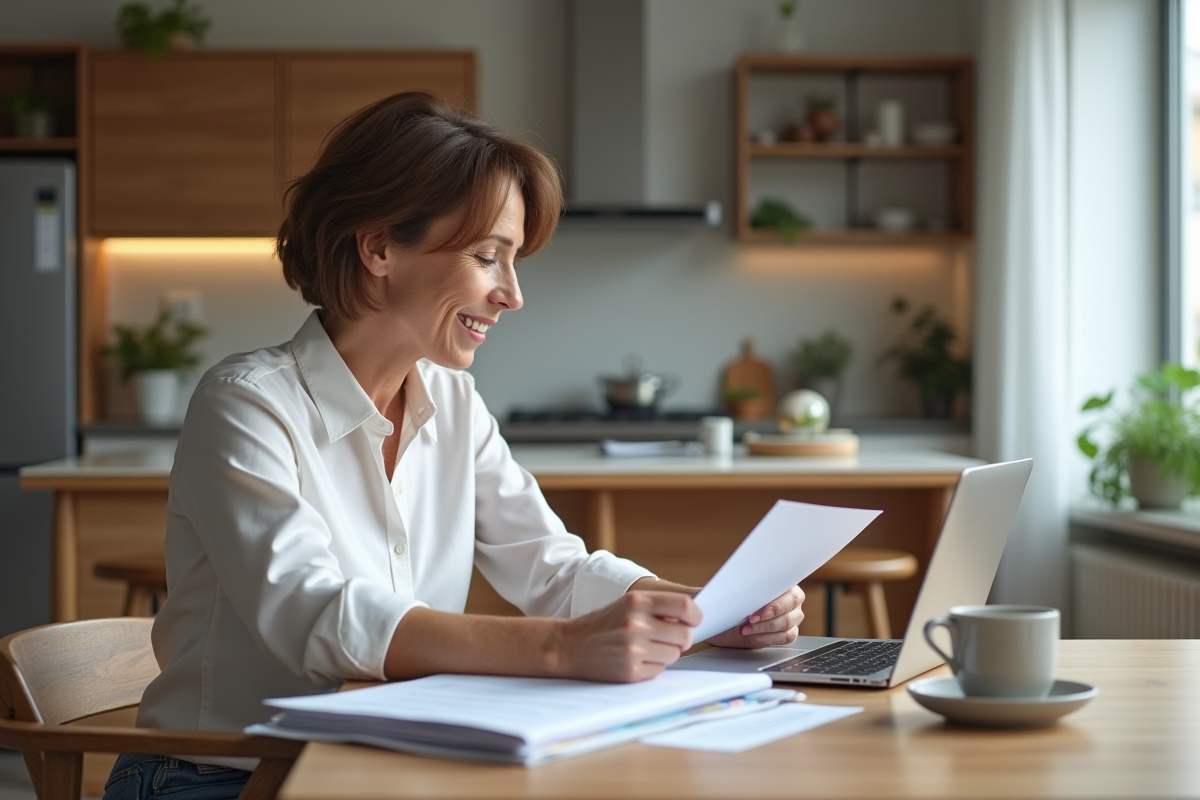Femme d'âge moyen examinant des documents fiscaux dans une cuisine moderne