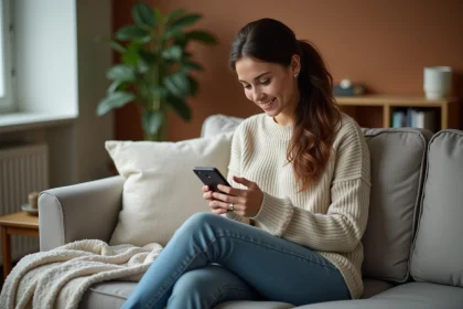 Jeune femme souriante utilisant son smartphone dans un salon cosy