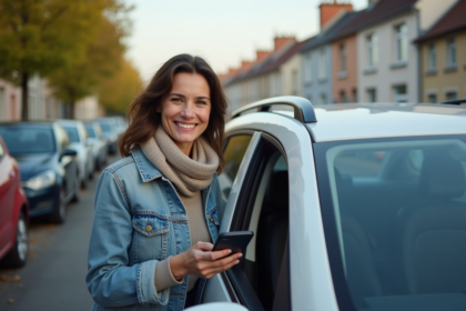 Femme souriante en denim entrant dans une voiture pour covoiturage