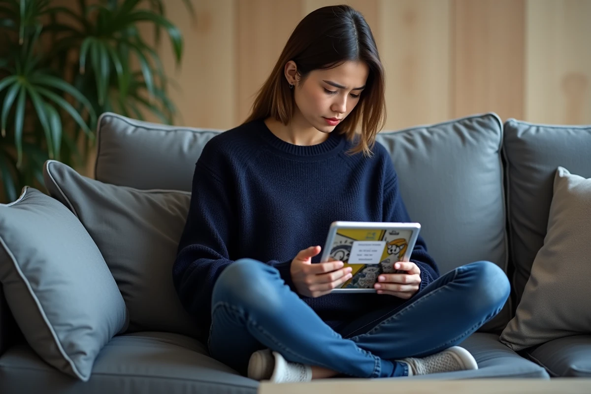 Femme consultant des scans sur une tablette avec une notification de sécurité visible, représentant les dangers potentiels des sites de lecture de manga non sécurisés