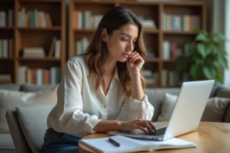 Femme concentrée travaillant sur son ordinateur à la maison