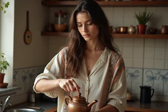 Jeune femme turque de la diaspora préparant le thé dans une cuisine parisienne mêlant décor turc et français