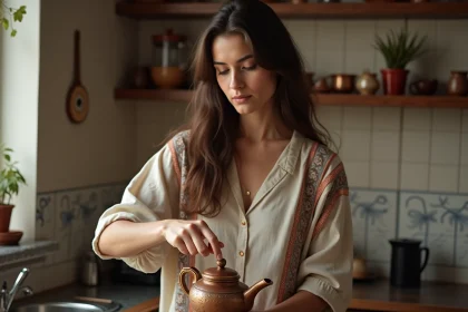 Jeune femme turque de la diaspora préparant le thé dans une cuisine parisienne mêlant décor turc et français