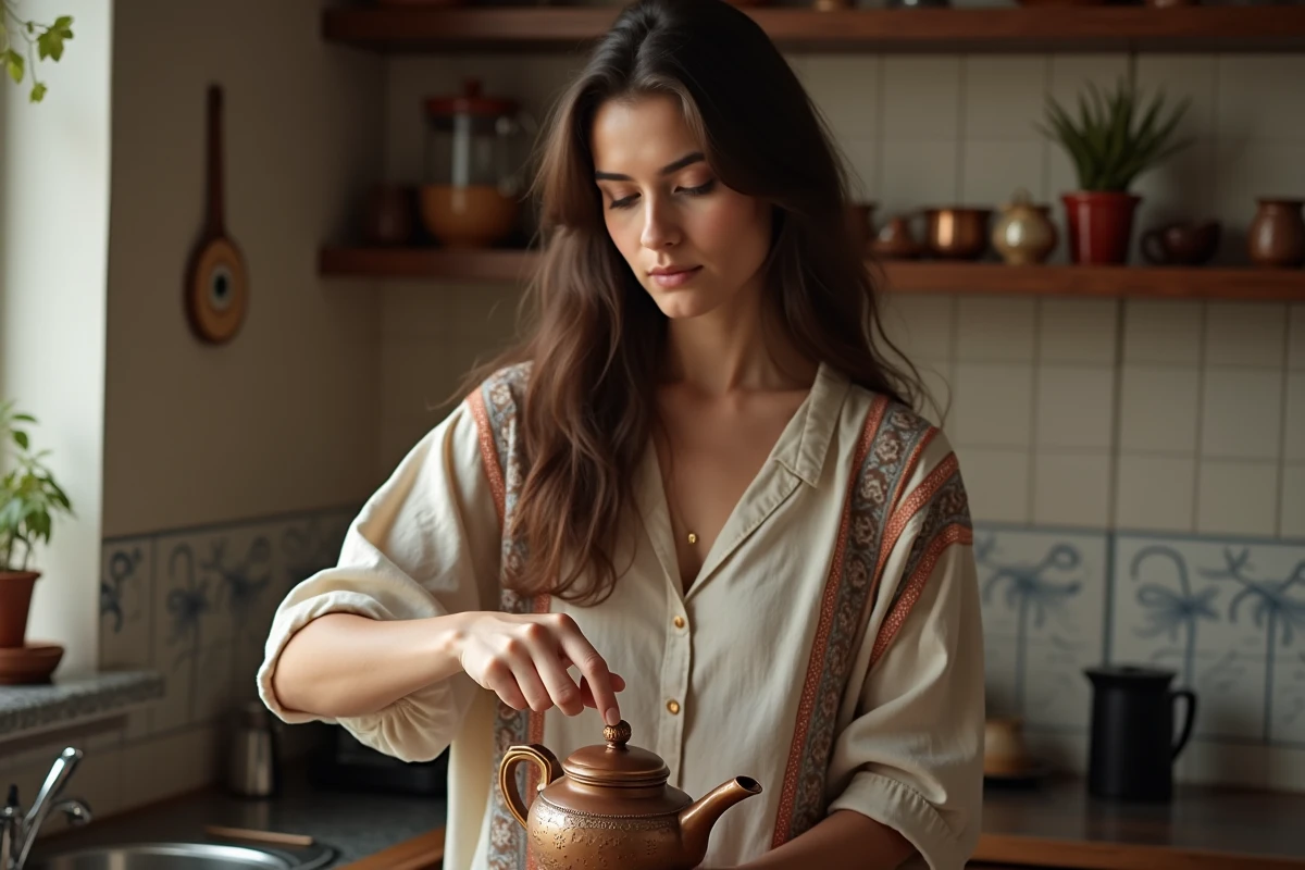 Jeune femme turque de la diaspora préparant le thé dans une cuisine parisienne mêlant décor turc et français