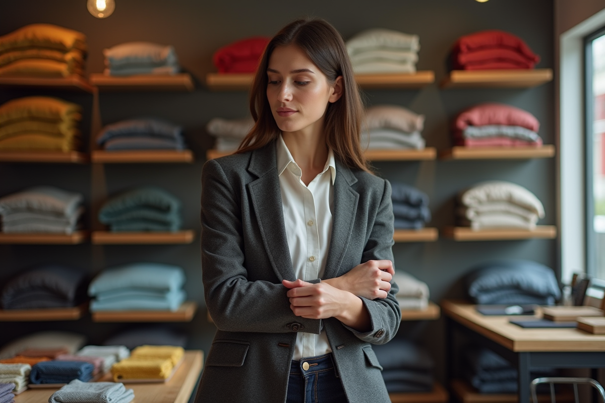 Jeune femme en blazer examine textile dans boutique
