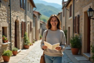 Femme marche dans un village de Monlezun avec une carte