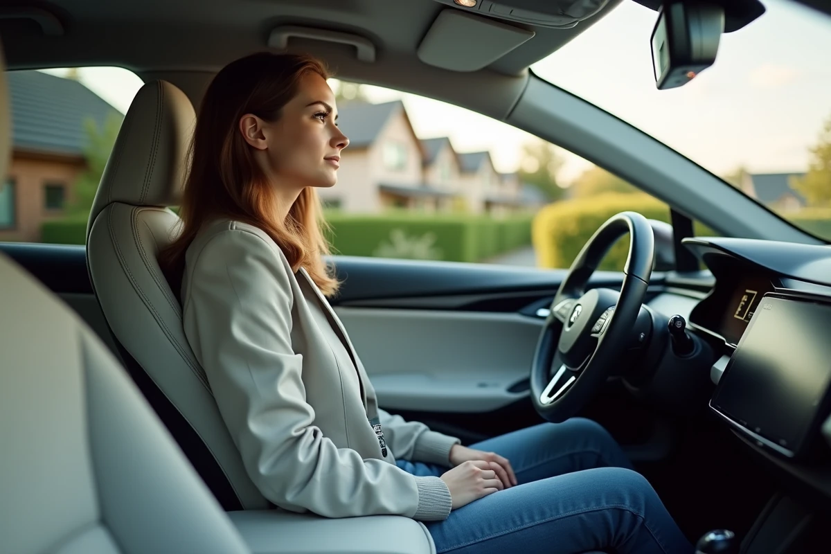 Jeune femme dans une voiture hybride en charge dans une allée résidentielle