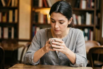 Femme aux yeux baissés dans un café, expression introspective et regard dirigé vers le bas, symbolisant la réflexion intérieure