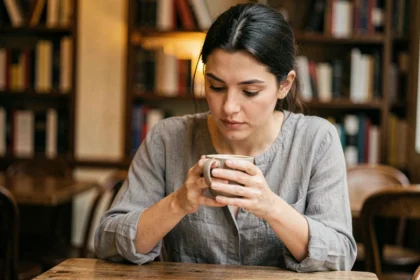 Femme aux yeux baissés dans un café, expression introspective et regard dirigé vers le bas, symbolisant la réflexion intérieure