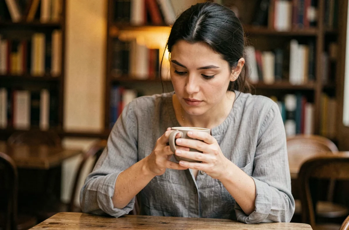 Femme aux yeux baissés dans un café, expression introspective et regard dirigé vers le bas, symbolisant la réflexion intérieure
