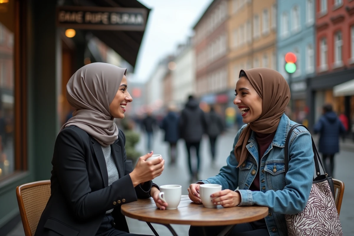 Deux femmes turques de la diaspora en conversation dans un café de rue multiculturel à Berlin