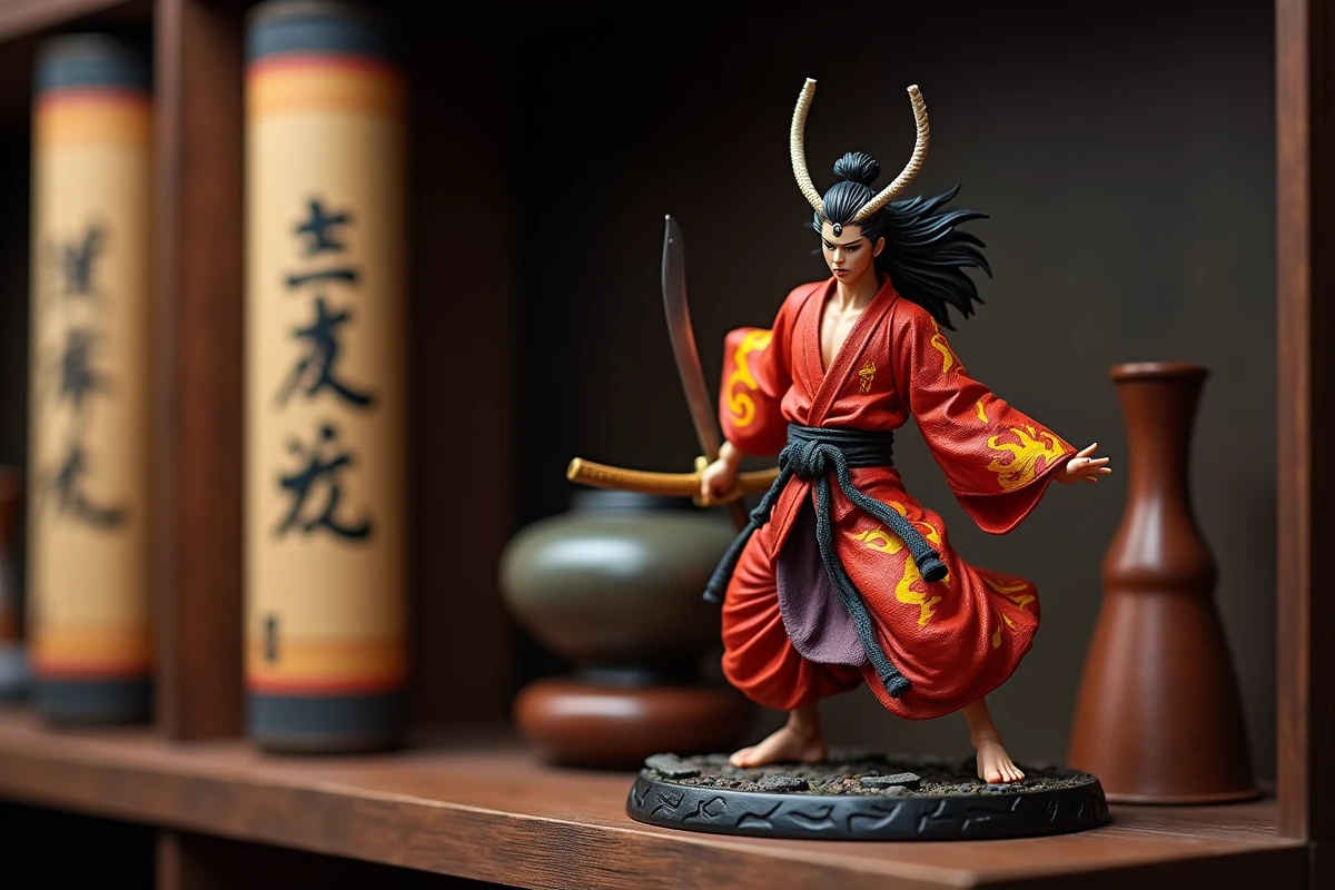 Figurine collector de Rengoku Demon Slayer en pose de combat avec détails sculptés du haori flamme sur étagère en bois