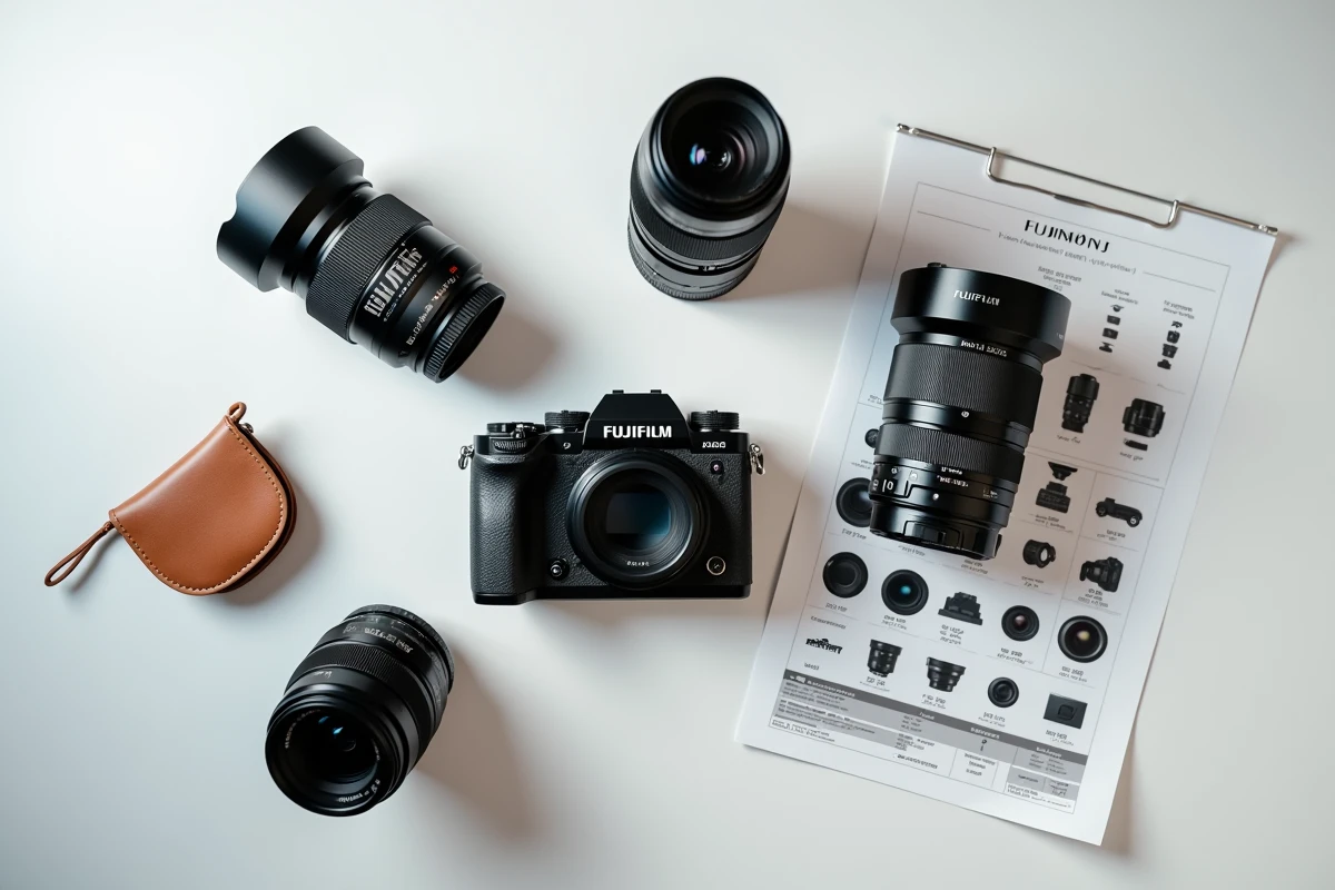 Flat lay des meilleurs objectifs Fujinon pour le Fujifilm X-T20 disposés sur fond blanc minimaliste