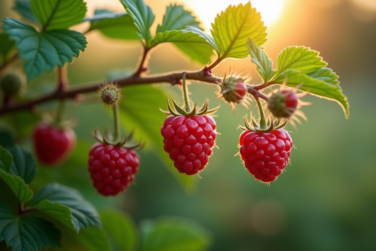 Rambour de framboises mûres au matin avec feuilles et fruits