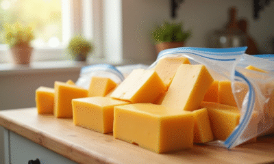 Bloc de fromages et tranches emballés dans des sacs