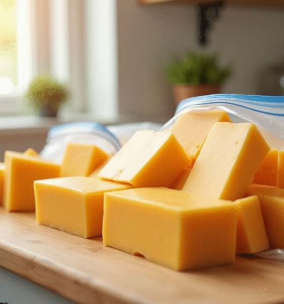Bloc de fromages et tranches emballés dans des sacs