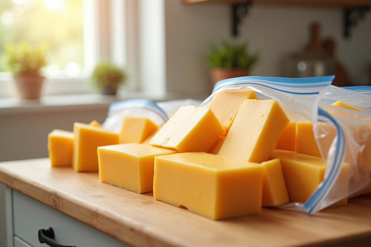 Bloc de fromages et tranches emballés dans des sacs