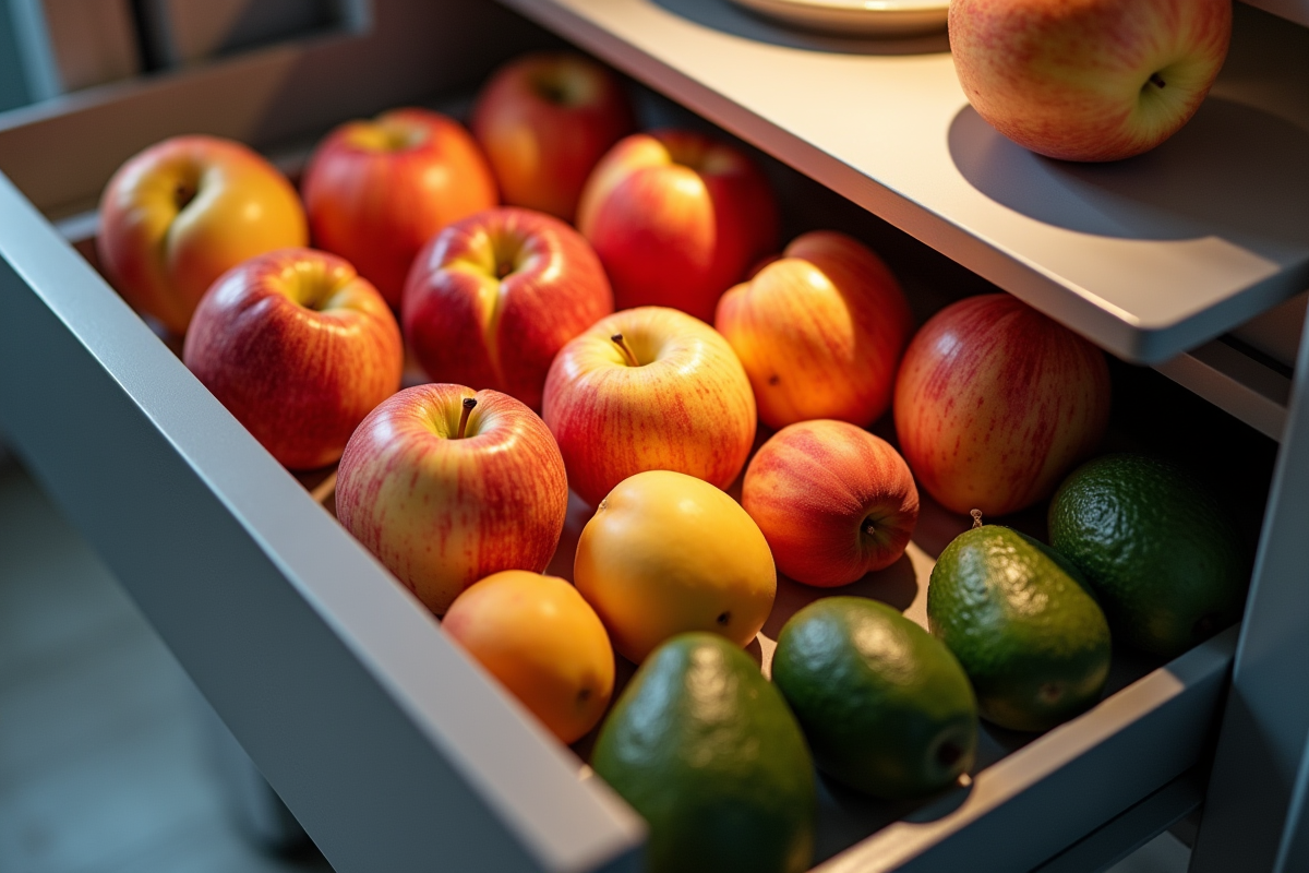 Pommes abricots et avocats dans un tiroir de frigo moderne