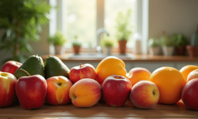 Variété de fruits frais débutant par A sur une table en bois