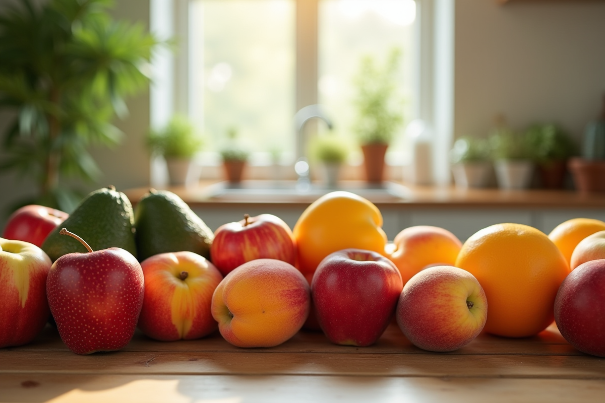 Variété de fruits frais débutant par A sur une table en bois