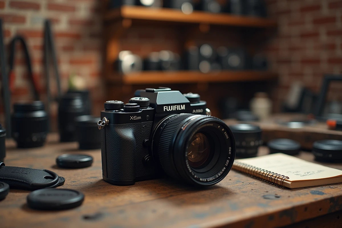Fujifilm X-T20 avec objectif Fujinon XF 23mm f/2 posé sur un établi en bois dans un studio photo